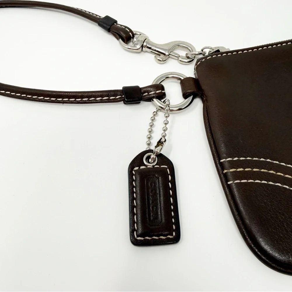 Coach Dark Brown Leather Wristlet Clutch Pouch Purse Zip Top Signature